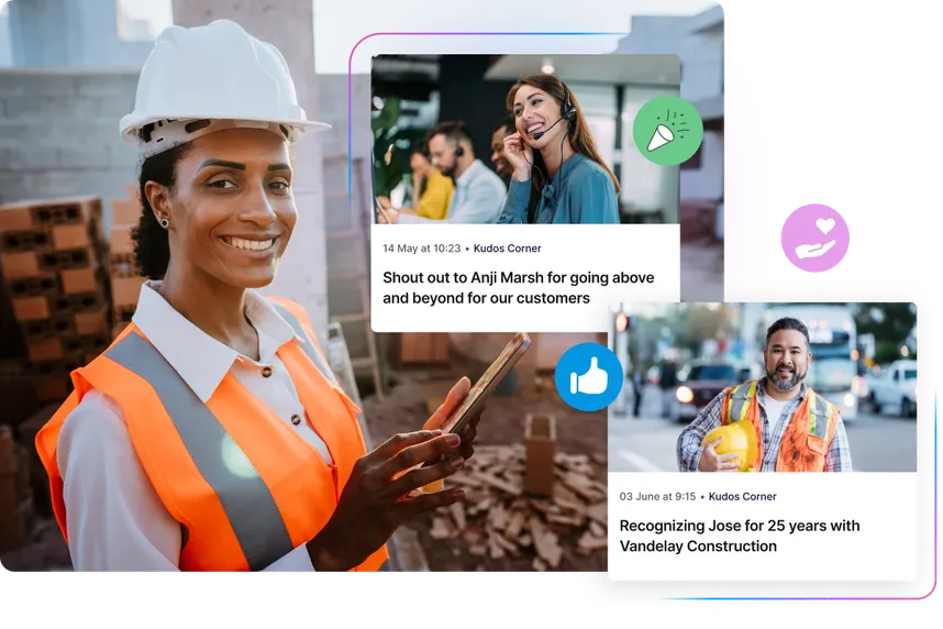 A construction worker in safety gear smiles at a site. Two inset images show colleagues being recognized for their achievements.