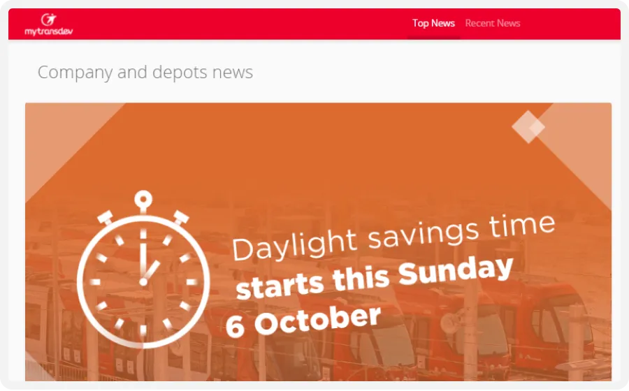 Website banner announcing daylight savings time starting Sunday, 6 October, with an orange background and clock graphic.