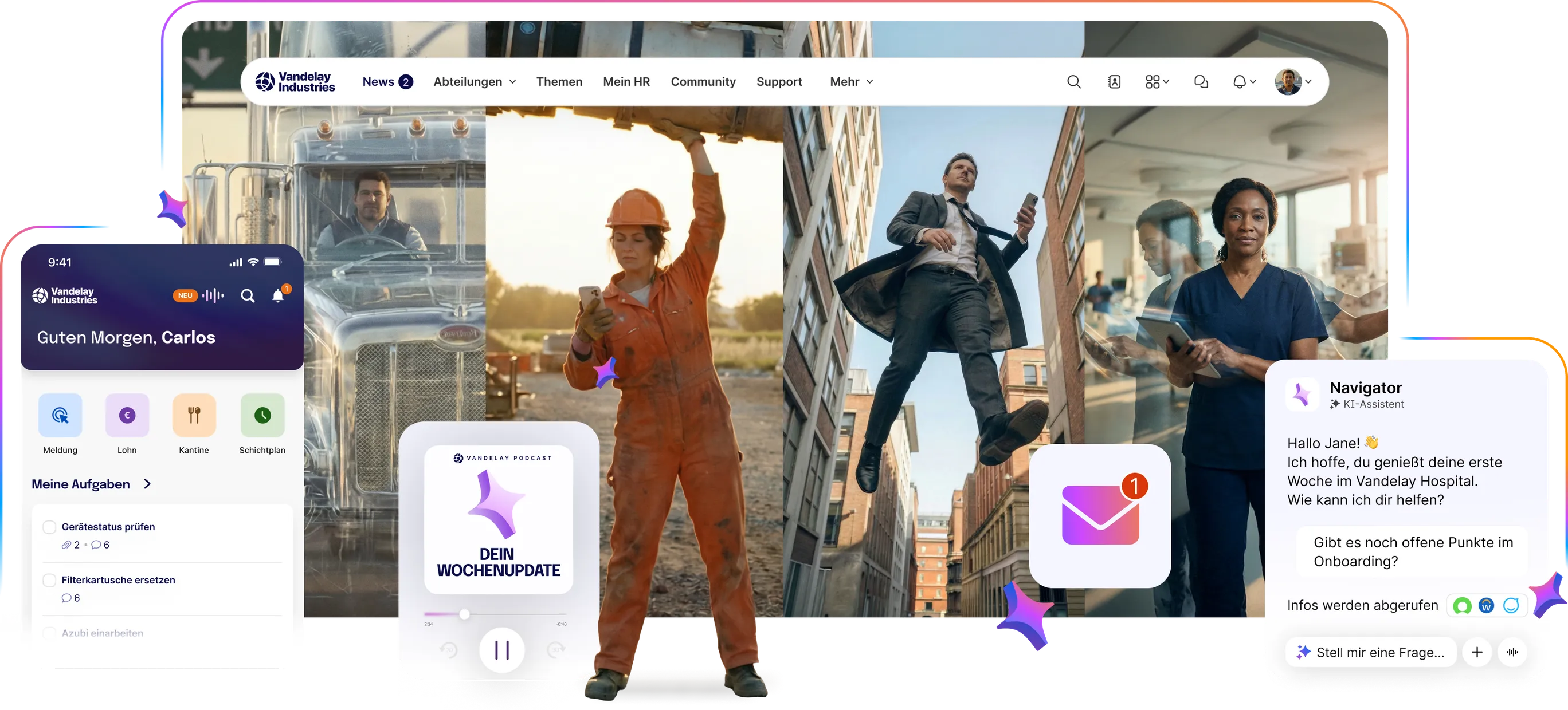 Startseite mit App-Ansicht, Mitarbeitenden im Arbeitsalltag und KI-Assistent im Chat.