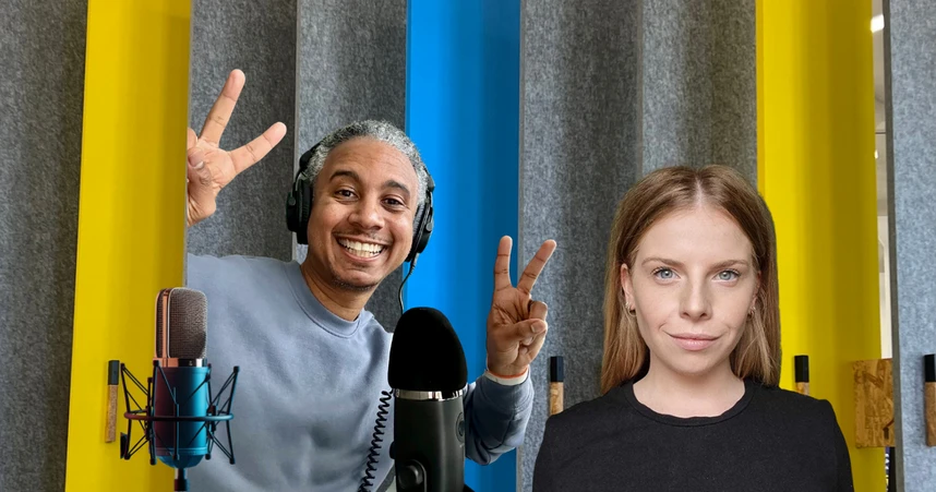 How to Start a podcast featuring Brian Tomlinson and Lottie Bazley of Staffbase with microphones