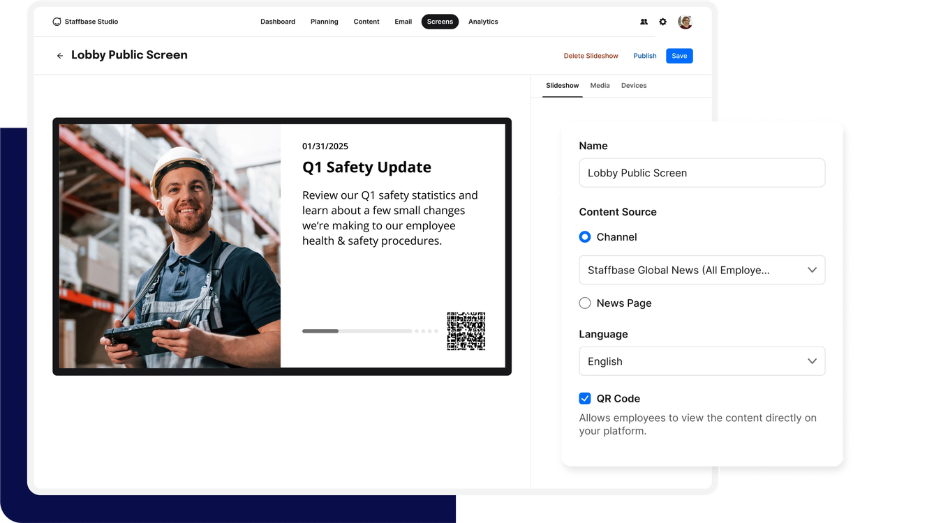 Man in safety gear holding a tablet, with a presentation on safety updates displayed on a screen. Interface options visible on the right.