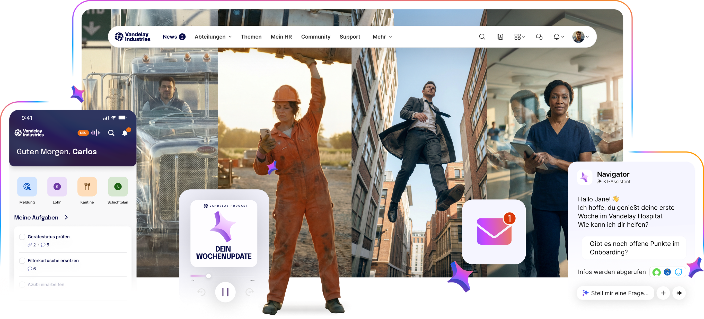Startseite mit App-Ansicht, Mitarbeitenden im Arbeitsalltag und KI-Assistent im Chat.
