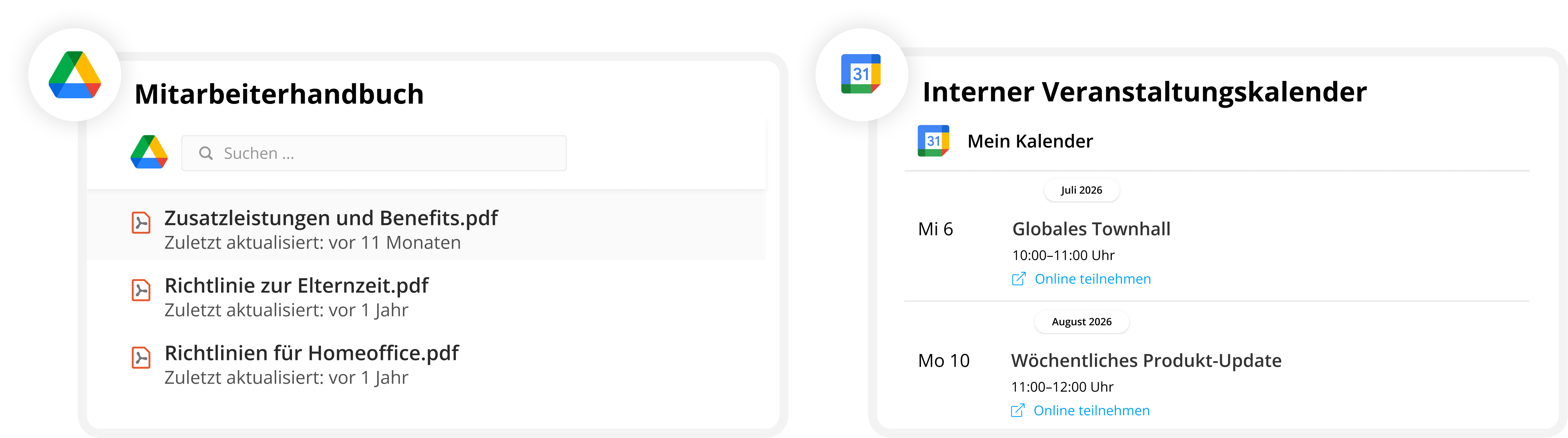 Zwei Google Widgets mit Beispielen aus dem Google Drive und dem Kalender