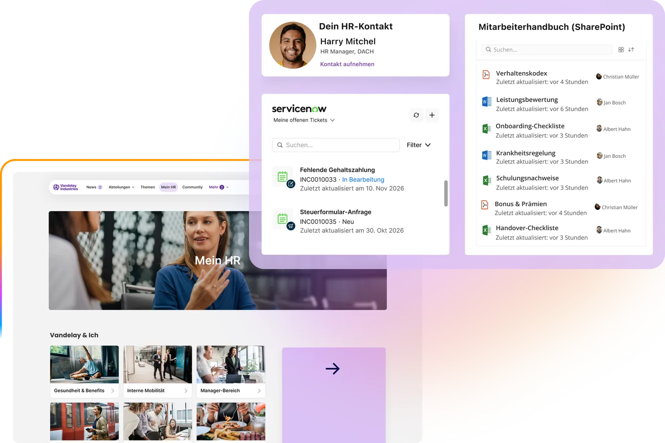 Desktop-Ansicht des Intranets "Mein HR" mit zielgruppenspezifischen Widgets, die über der Seite schweben. Die Widgets zeigen: "Dein HR-Kontakt" (Harry Mitchel), offene Tickets aus ServiceNow (z. B. "Fehlende Gehaltszahlung"), und eine Suche im "Mitarbeiterhandbuch (SharePoint)" mit verschiedenen Dokumenten wie "Verhaltenskodex" und "Onboarding-Checkliste".