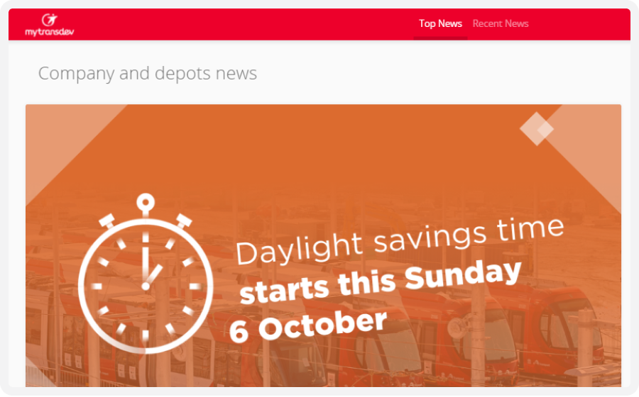 Website banner announcing daylight savings time starting Sunday, 6 October, with an orange background and clock graphic.