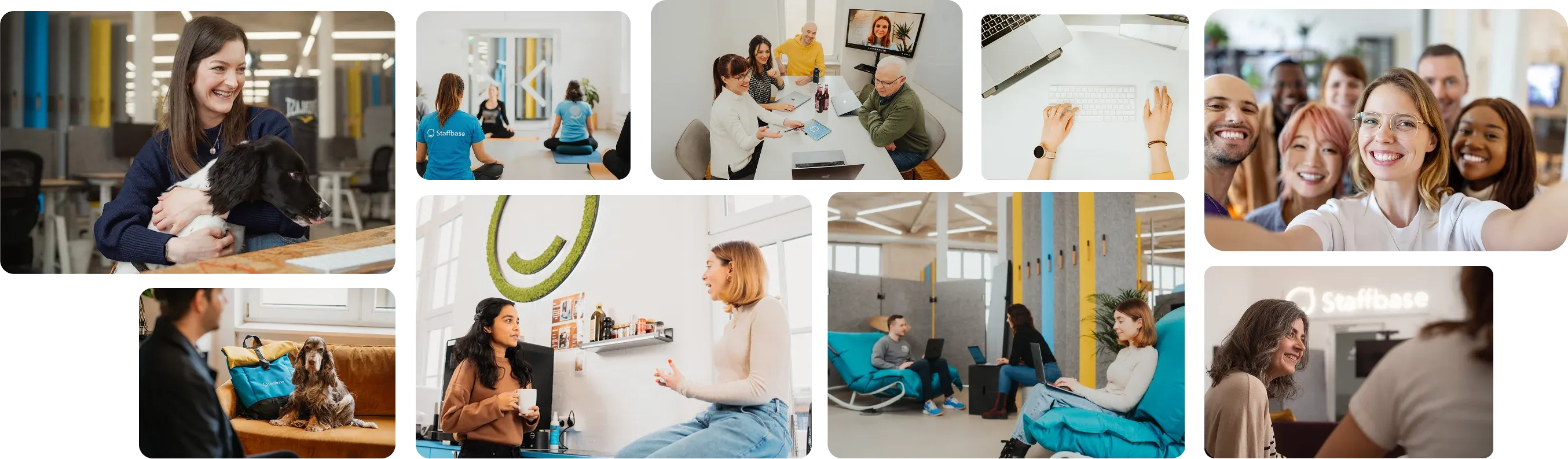 Wide collage of Staffbase employee moments including a dog in the office, a yoga session, a team meeting with video call, colleagues relaxing on lounge chairs, and a group selfie.