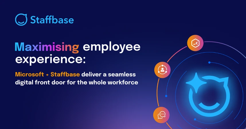 Maximising employee experience with Staffbase and Microsoft showing icons representing communication and collaboration