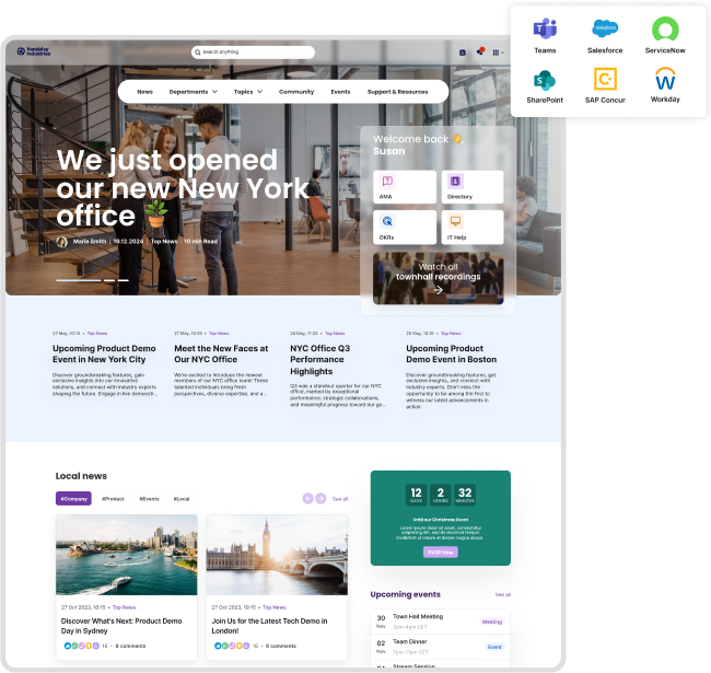 Office intranet homepage showing announcements, events, news, and app shortcuts. Includes a welcome message and links to various tools.