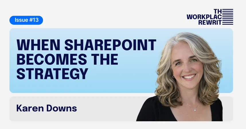 "When SharePoint becomes the strategy" title text, with a photo of Karen Downs smiling
