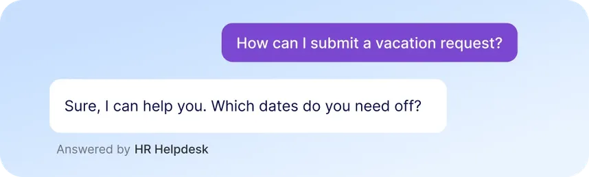 Staffbase Navigator AI chatbot responding to a vacation request question with a conversational follow-up: 'Sure, I can help you. Which dates do you need off?'