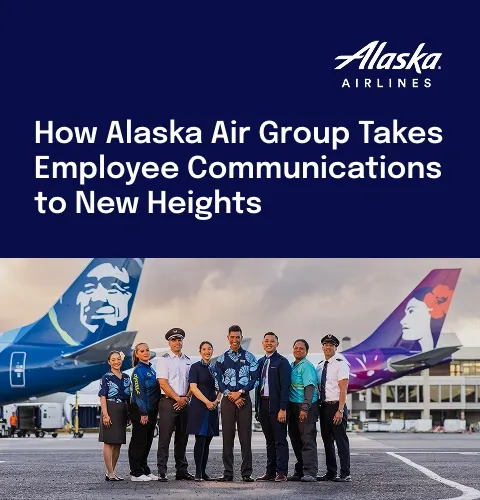 Alaska Airlines crew in uniform stands in front of two planes with distinct tail designs, under a text about enhancing employee communications.