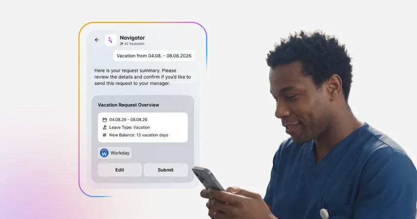 Healthcare worker using a frontline AI assistant on his smartphone