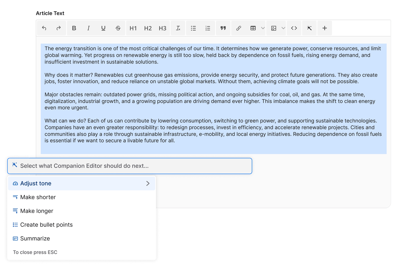 A text editor interface displaying an article draft about the energy transition, with options for editing and adjusting text.