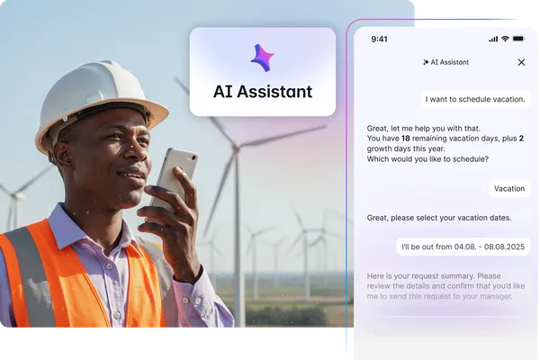 Frontline worker in a hard hat and high-vis vest speaks into a smartphone in front of wind turbines, alongside a mobile AI Assistant chat screen about scheduling vacation.
