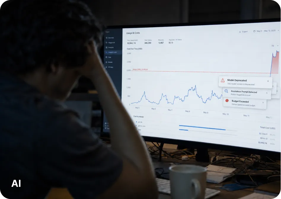 Stressed developer with head in hands facing a monitor showing an AI usage and cost dashboard with a spiking spend chart, a budget-exceeded alert, a model-deprecated warning, and an anomalous-prompt flag
