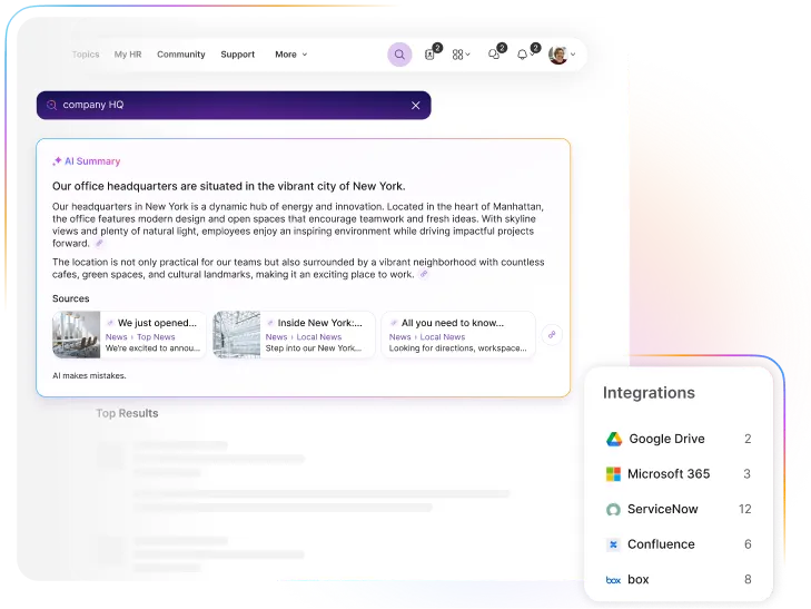 Screenshot of a search interface showing information about company headquarters in New York, with integration options for various platforms on the side.
