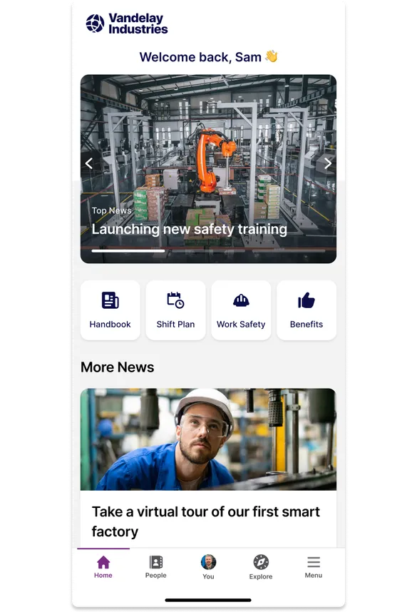 Factory training app interface with industrial robot, safety training headline, and news about a virtual factory tour with a worker in a hard hat.