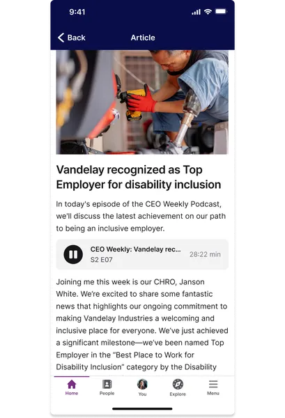 A podcast app screen showing an episode about Vandelay being recognized as a top employer for disability inclusion, with a person working in the image.