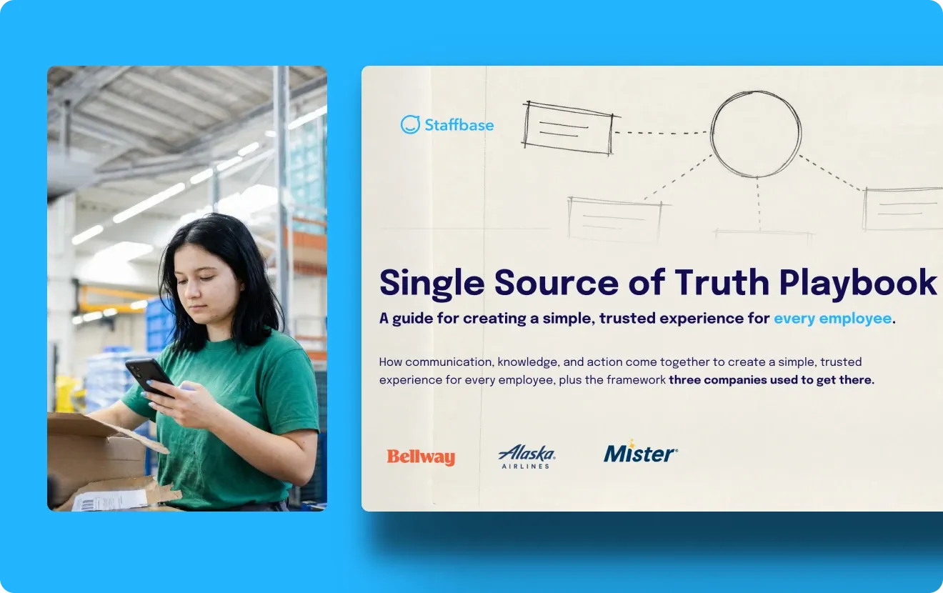 Split hero image: a warehouse worker checking her phone on the left, and the Staffbase "Single Source of Truth" playbook cover on the right, featuring logos from Bentley, Alaska Airlines, and Mister.