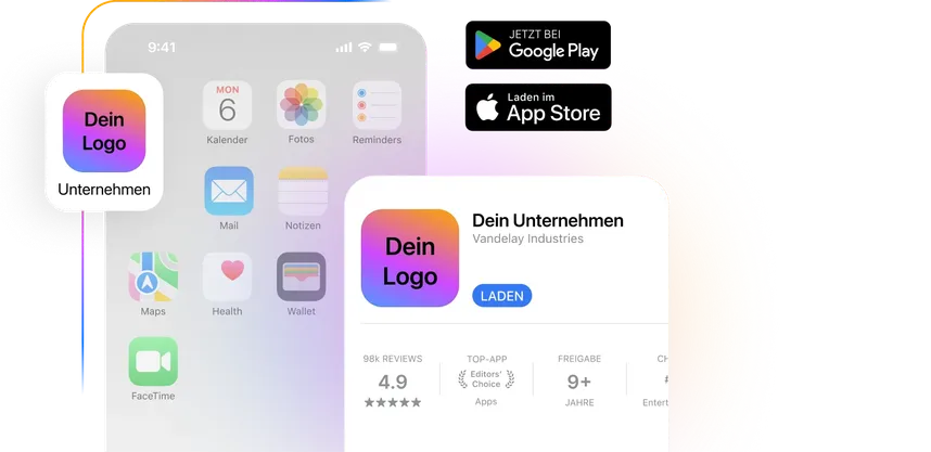 Werbung für die mobile App mit dem Logo von „Ihr Unternehmen“, verfügbar bei Google Play und im App Store, mit einer Bewertung von 4,9 Sternen und einer Altersfreigabe ab 9 Jahren.