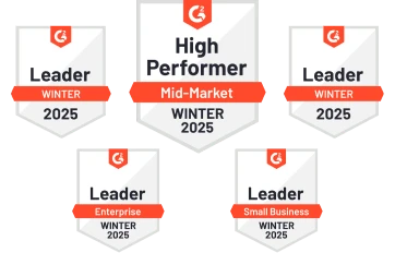 Five G2 badges for Winter 2025: High Performer Mid-Market, Leader Enterprise, Leader Small Business, and two Leader badges.