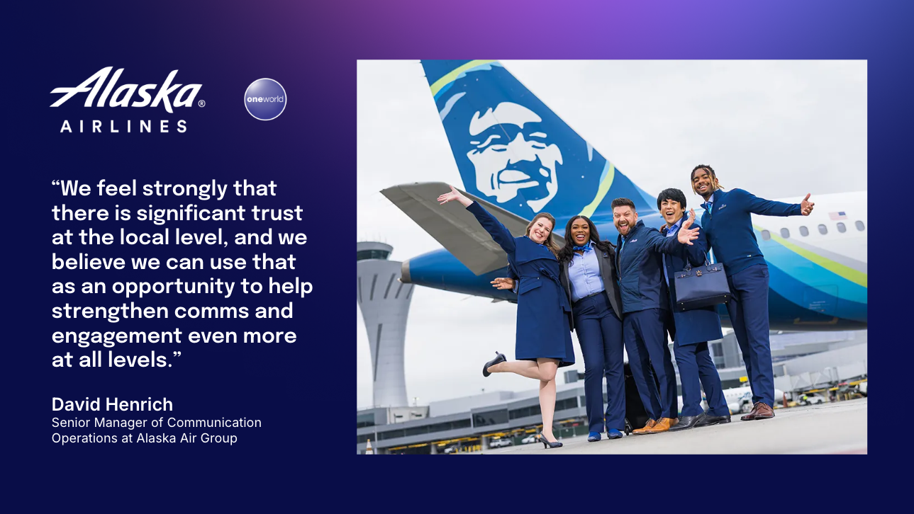 Airline crew in uniform joyfully pose near an Alaska Airlines plane with a control tower in the background.