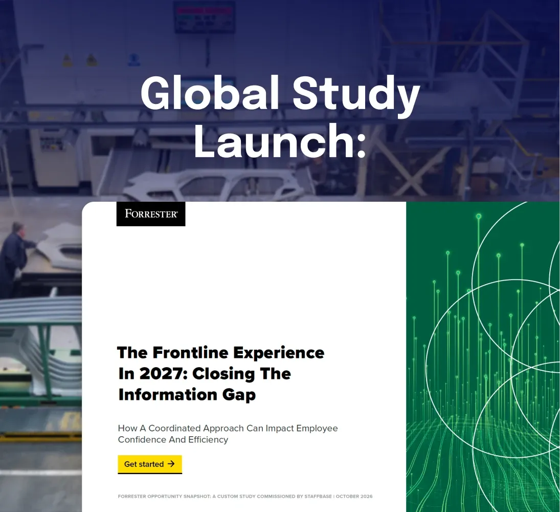 Global report launch graphic for the Forrester study “The Frontline Experience in 2027: Closing the Information Gap” over a darkened factory floor photo