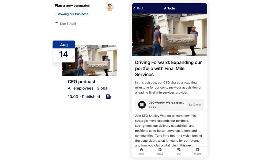 Split-screen image: Left shows a calendar event and podcast details; right shows a podcast article with movers carrying a couch.