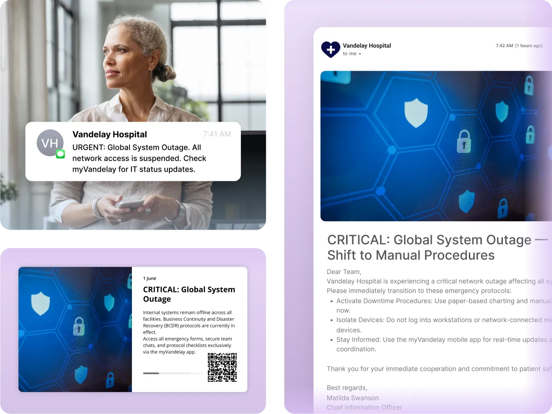 Three images display a hospital alert about a global system outage, featuring a worried professional and a notification on digital devices.