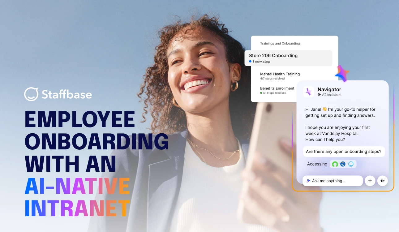 woman smiling with samples of an AI-native intranet