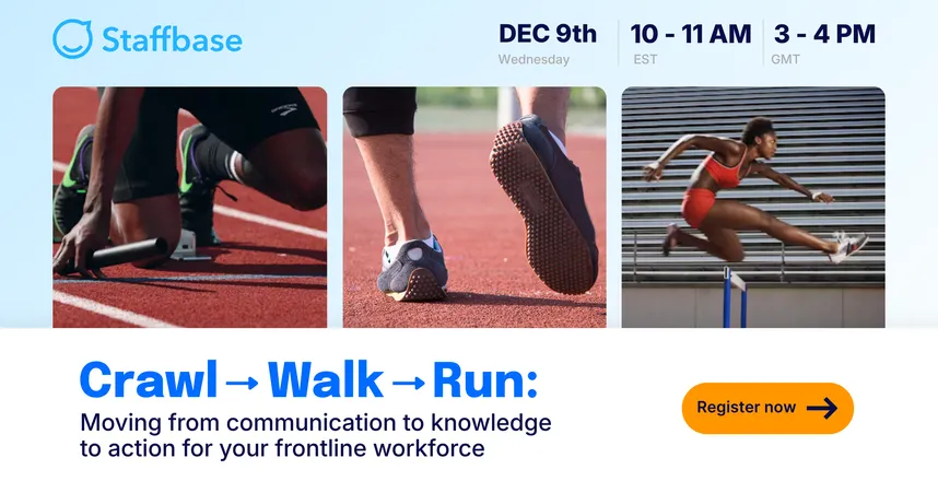 Staffbase webinar banner for Crawl → Walk → Run on Dec 9 with three track athletes: a sprinter at the starting block, a runner mid-stride, and a hurdler.