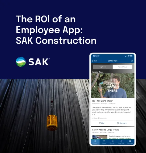 SAK Construction banner featuring a smartphone displaying an employee app with safety tips, against a dark background with a hanging light.