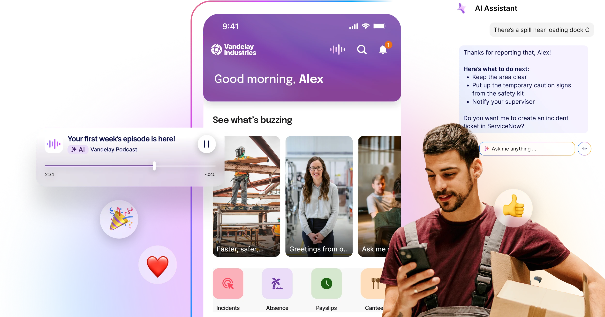 A collage of a smartphone interface, a man holding a phone, and various app notifications on a colorful gradient background.