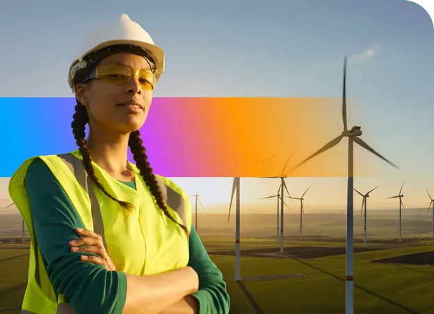 Woman in safety gear stands confidently in front of wind turbines, with a colorful gradient overlay in the background.
