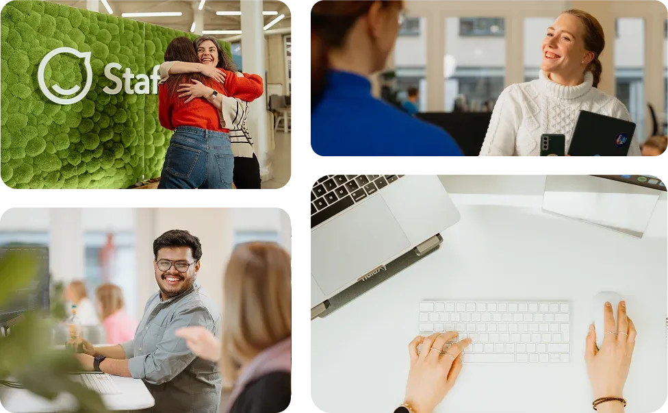 Collage of Staffbase moments including colleagues hugging by the moss logo wall, an employee holding a laptop, a smiling employee at his desk, and hands typing on a keyboard.