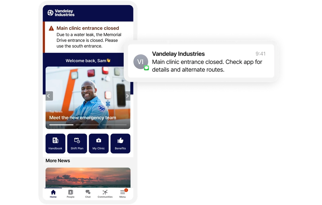 Mobile app interface showing a clinic closure alert due to a water leak, with a smiling emergency team member and navigation options below.