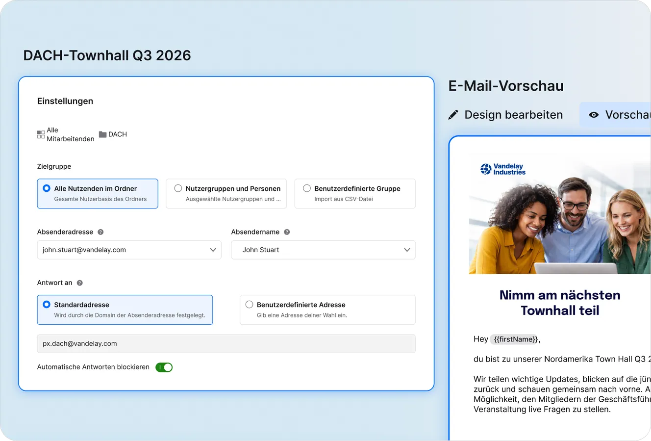 Staffbase E-Mail-Einstellungen für die DACH-Townhall Q3 2026 mit Zielgruppenauswahl, Absenderadresse und Live-Vorschau