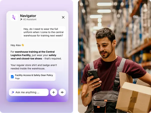 AI assistant screen next to a man in a warehouse holding a box and checking his phone.