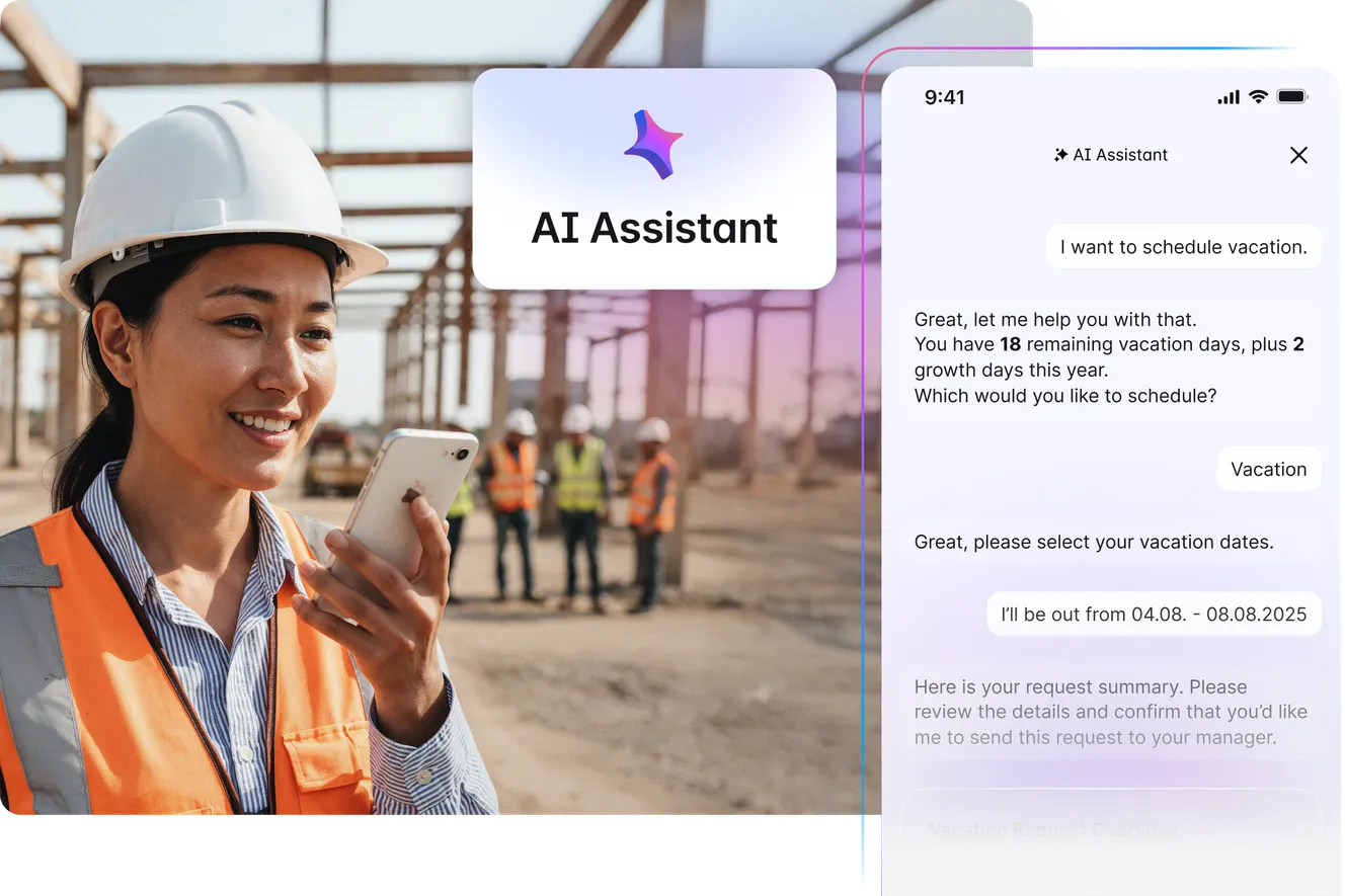 A construction worker uses a voice assistant on a smartphone. The screen displays a conversation about scheduling vacation days.