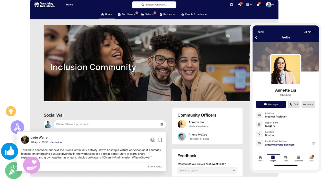 A group of diverse people smiling in an office setting. The screen shows a social platform interface with posts, profile details, and community info.