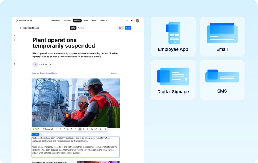 Staffbase Studio editor with a news post on suspended plant operations, next to Employee App, Email, Digital Signage and SMS channel icons.