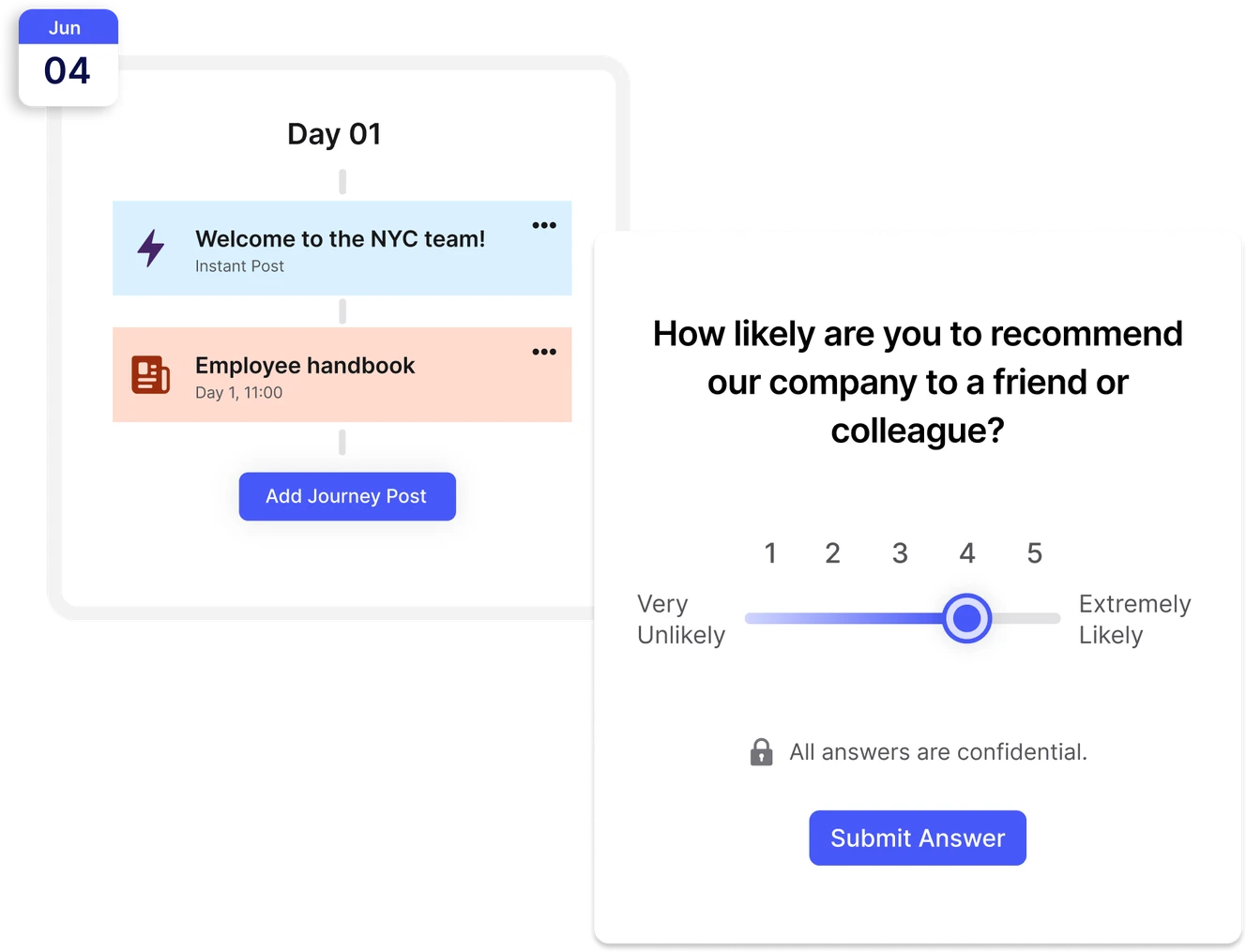 Dashboard showing a timeline with "Welcome to the NYC team!" and "Employee handbook" posts, alongside a survey question on recommending the company.