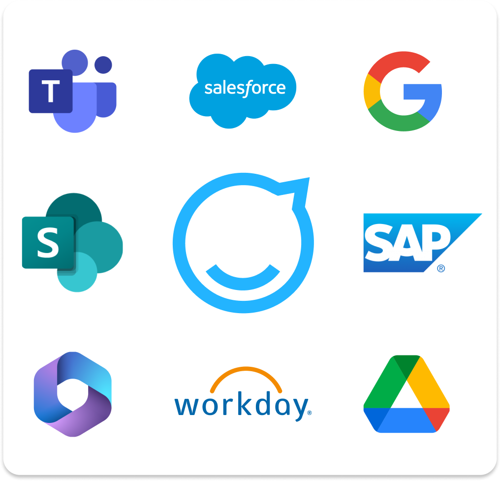 Logos of various companies and services, including Salesforce, Google, SAP, Workday, and others, arranged in a grid pattern.