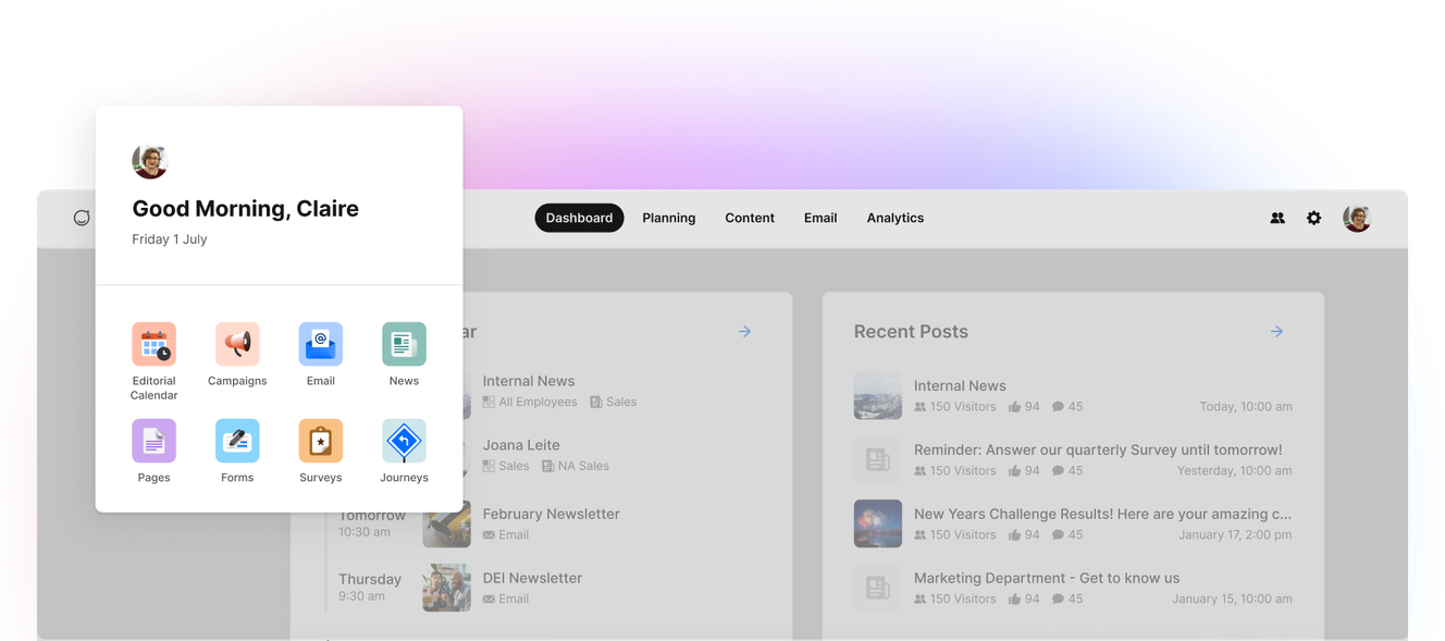 Dashboard interface with a welcome message, navigation menu, and recent posts section. A colorful gradient border surrounds the screen.