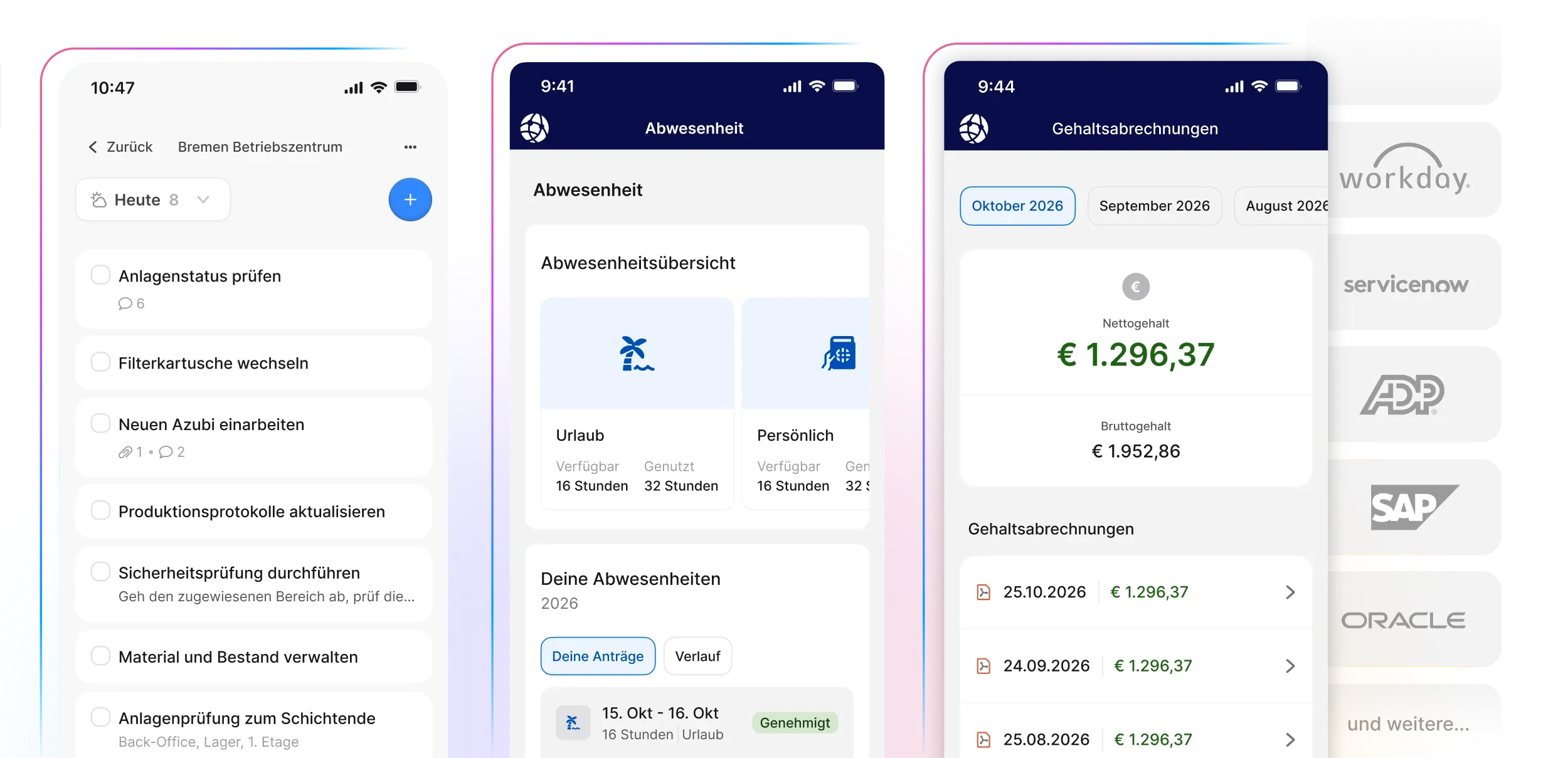 Drei Bildschirme einer mobilen App, die Aufgabenverwaltung, Abwesenheitssaldo und Gehaltsabrechnungsdetails anzeigen, wobei die Firmenlogos rechts teilweise sichtbar sind.