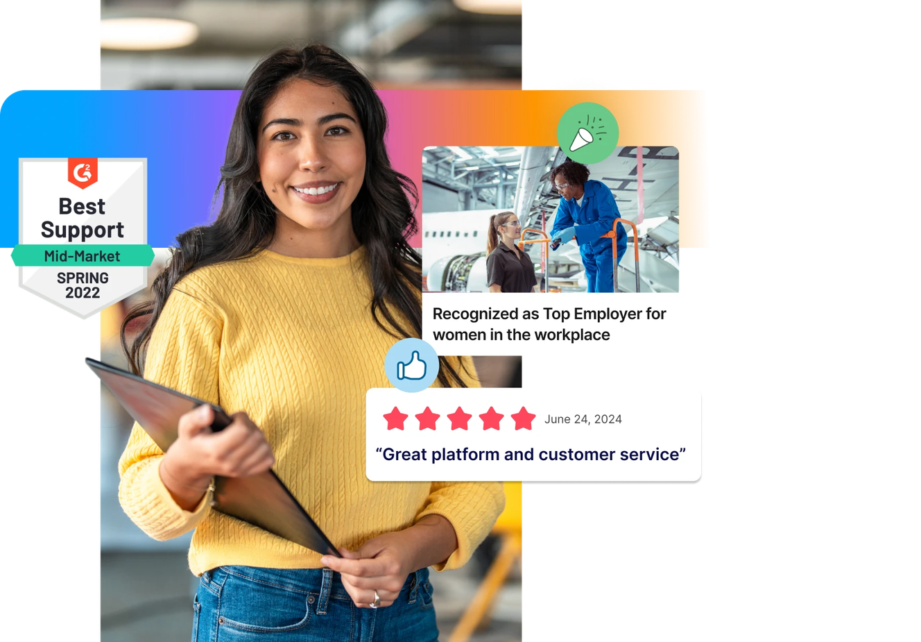 Smiling woman holding a laptop, with accolades for best support, top employer, and customer service displayed around her.