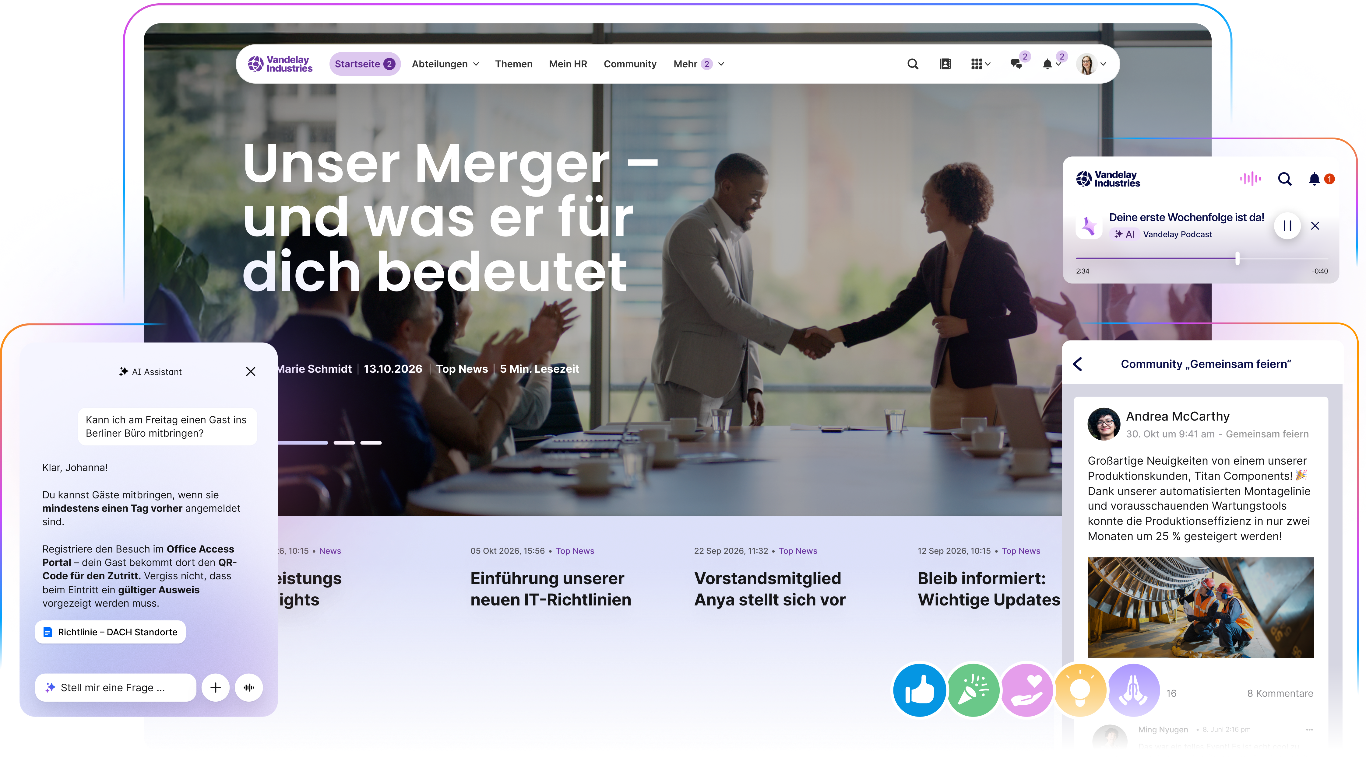 Desktop-Ansicht des Mitarbeiter-Intranets von Vandelay Industries. Die Startseite zeigt die Schlagzeile "Unser Merger – und was er für dich bedeutet" über einem Bild von zwei Geschäftsleuten, die sich die Hand geben. Links ist ein Pop-up des "AI Assistant" sichtbar, der eine Frage zu Gästeanmeldungen beantwortet. Rechts unten sind aktuelle Posts aus dem Newsfeed zu sehen ("Bleib informiert: Wichtige Updates") und rechts oben ein Widget für den "Vandelay Podcast" ("Deine erste Wochenfolge ist da!").