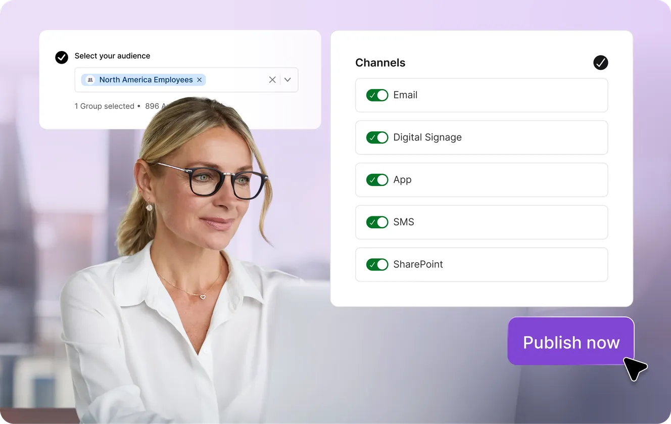 Staffbase Studio publishing screen with the North America Employees audience selected and Email, Digital Signage, App, SMS and SharePoint enabled.