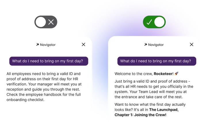 Side-by-side comparison of Staffbase Navigator AI responses with Organization Voice off and on — the left shows a generic onboarding answer, the right addresses the same employee as Rocketeer with a warm, company-specific tone and a direct link to The Launchpad onboarding chapter