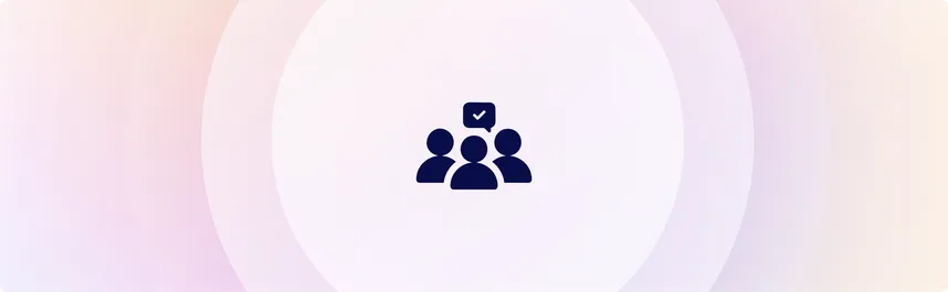 Icon of three silhouetted figures with a checkmark above, centered on a soft gradient background.